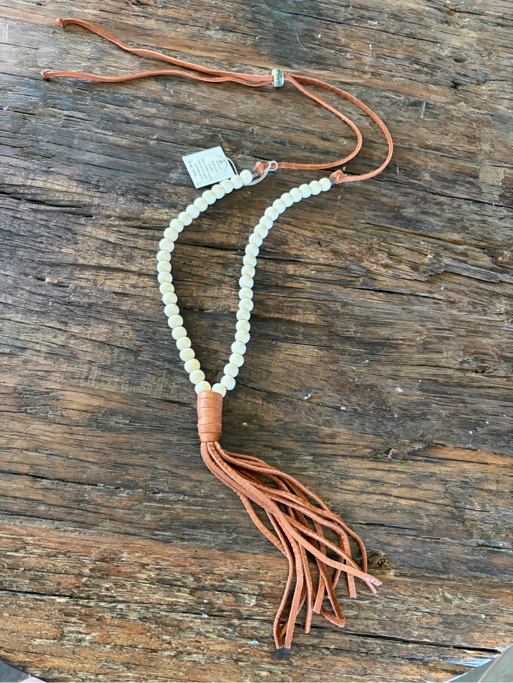 Johnny Loves June Beaded Tassel Necklace - Cream Beads with Tan Leather